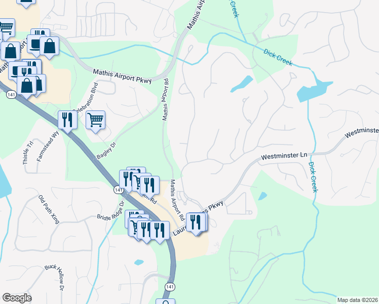 map of restaurants, bars, coffee shops, grocery stores, and more near 5520 Stoneleigh Drive in Suwanee