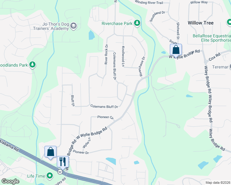 map of restaurants, bars, coffee shops, grocery stores, and more near 408 Colemans Run in Woodstock