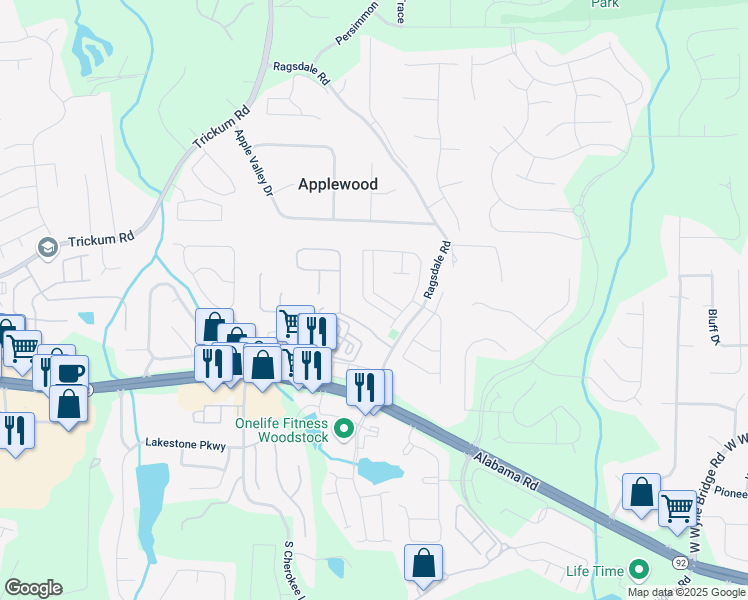 map of restaurants, bars, coffee shops, grocery stores, and more near 426 Parkstone Drive in Woodstock