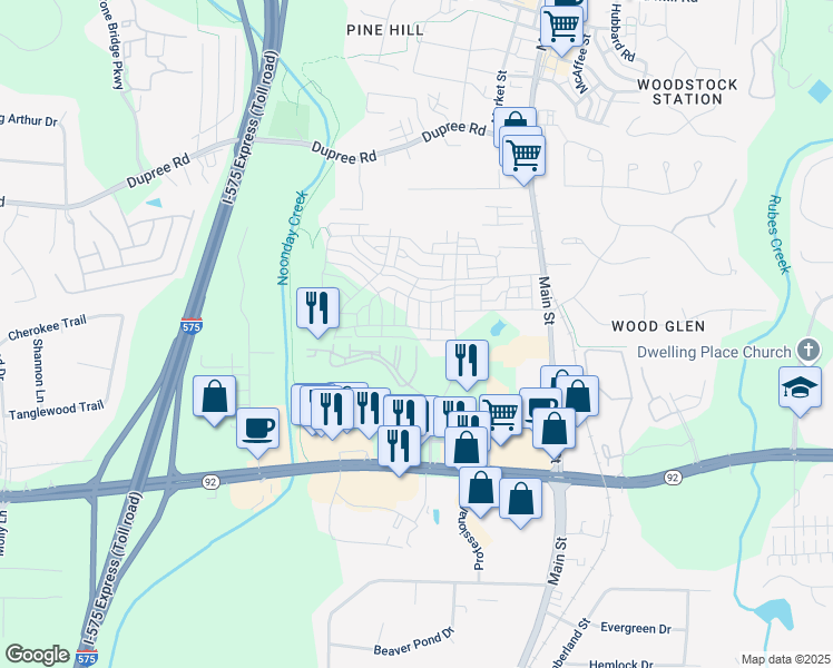 map of restaurants, bars, coffee shops, grocery stores, and more near 640 Brashy Street in Woodstock