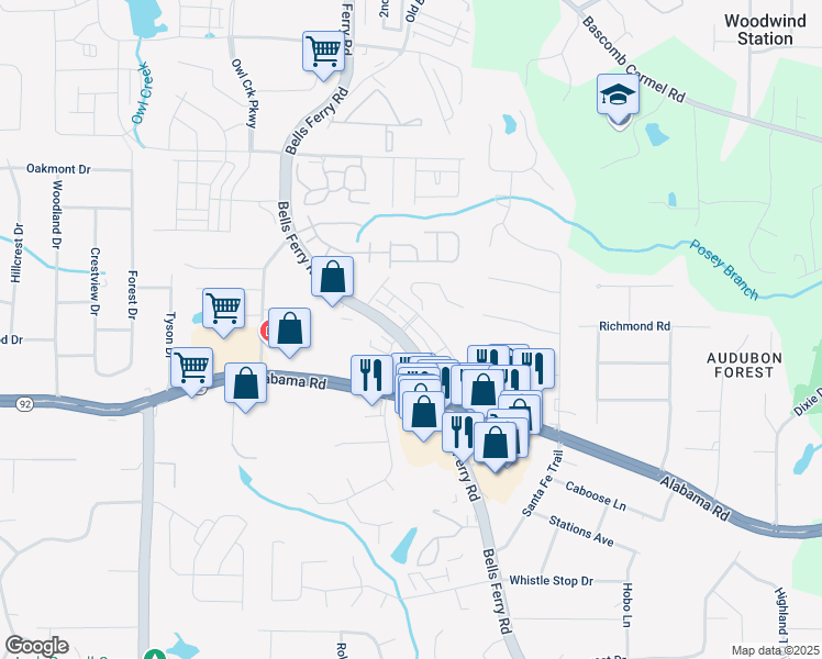 map of restaurants, bars, coffee shops, grocery stores, and more near 5742 Bells Ferry Road in Acworth