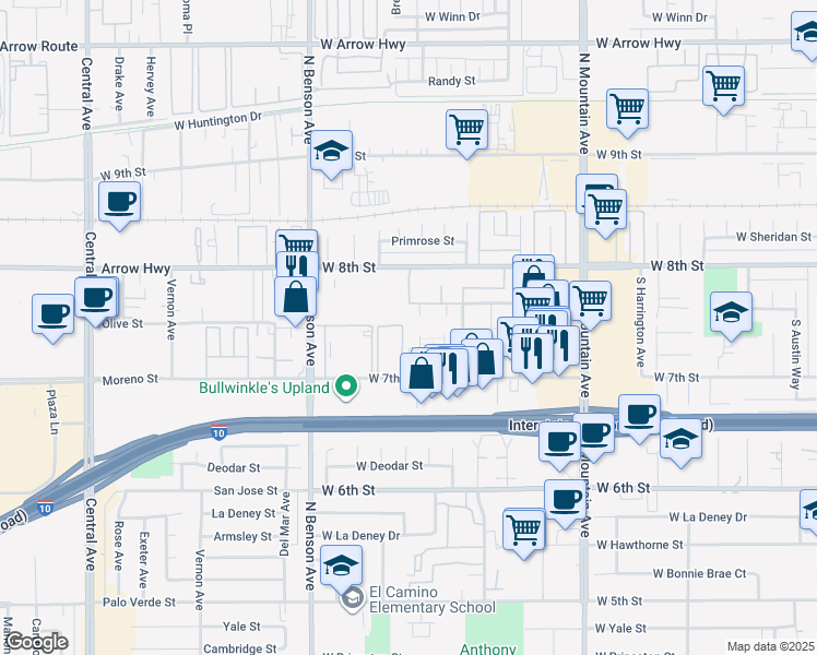 map of restaurants, bars, coffee shops, grocery stores, and more near 1459 Fredricks Lane in Upland