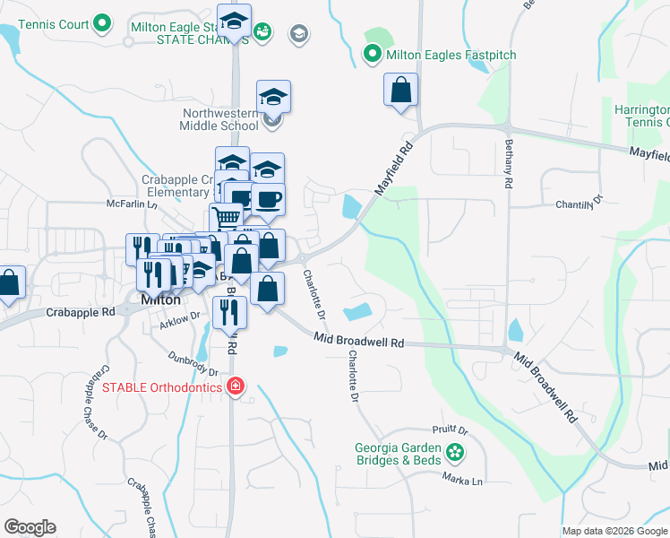 map of restaurants, bars, coffee shops, grocery stores, and more near 4040 Saint Michelle Lane in Alpharetta