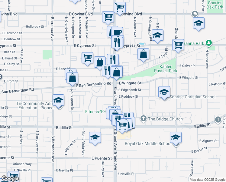 map of restaurants, bars, coffee shops, grocery stores, and more near 423 North Grand Avenue in Covina