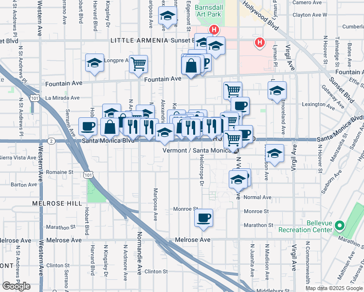map of restaurants, bars, coffee shops, grocery stores, and more near 1034 North Kenmore Avenue in Los Angeles