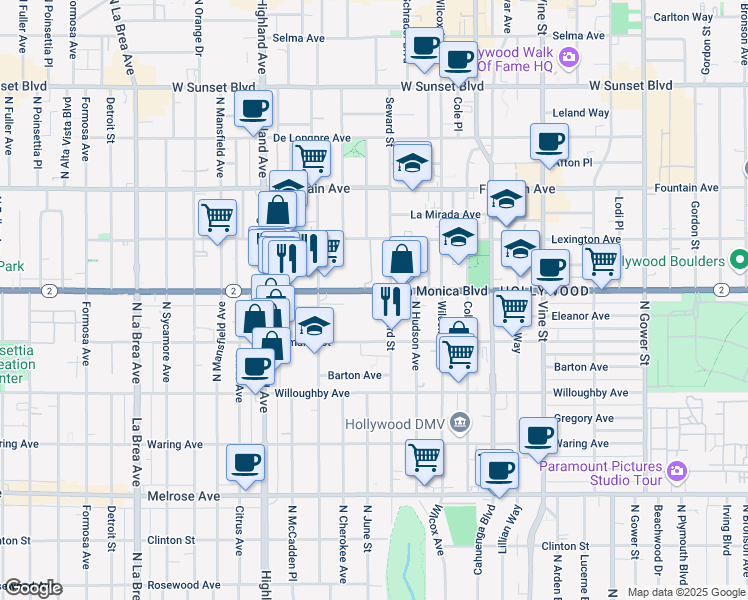 map of restaurants, bars, coffee shops, grocery stores, and more near 6600 Santa Monica Boulevard in Los Angeles