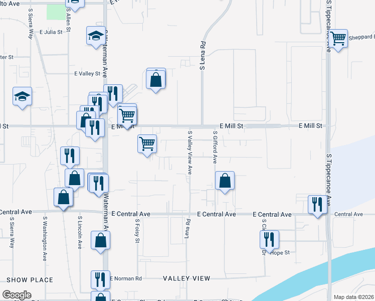 map of restaurants, bars, coffee shops, grocery stores, and more near 586 South Valley View Avenue in San Bernardino