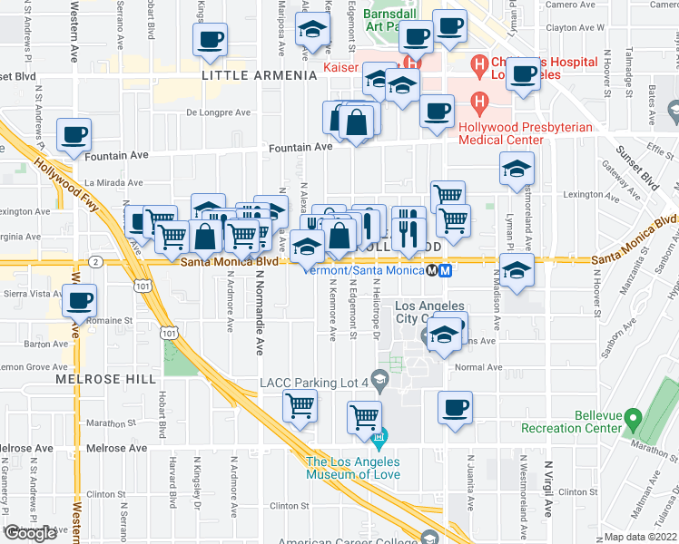 map of restaurants, bars, coffee shops, grocery stores, and more near 1034 North Kenmore Avenue in Los Angeles