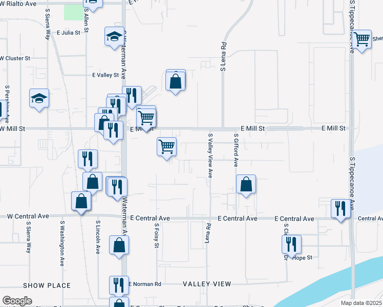 map of restaurants, bars, coffee shops, grocery stores, and more near 566 East Santa Fe Street in San Bernardino
