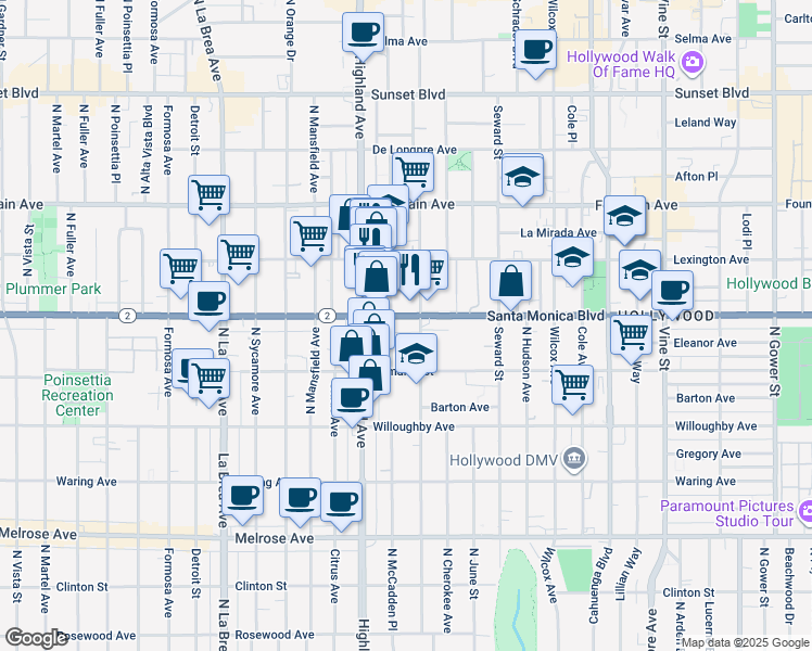 map of restaurants, bars, coffee shops, grocery stores, and more near in Los Angeles