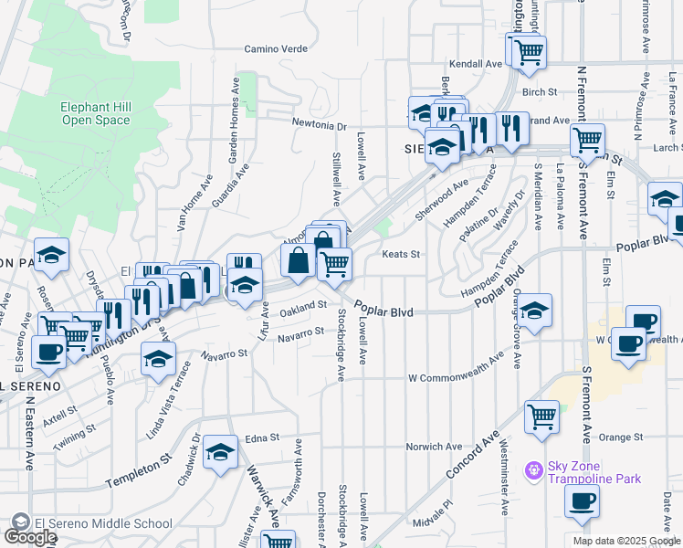 map of restaurants, bars, coffee shops, grocery stores, and more near 3819 Stockbridge Avenue in Los Angeles