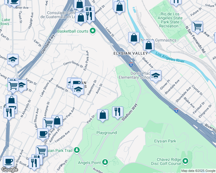 map of restaurants, bars, coffee shops, grocery stores, and more near 1471 Avon Park Terrace in Los Angeles