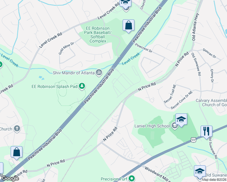 map of restaurants, bars, coffee shops, grocery stores, and more near 821 Northeast No Situs Street in Buford