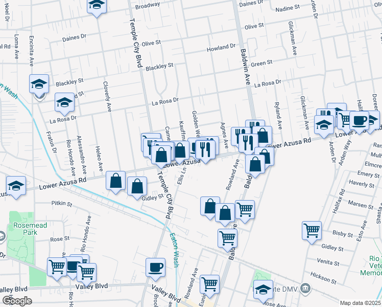 map of restaurants, bars, coffee shops, grocery stores, and more near 9711 Windsor Lane in Temple City