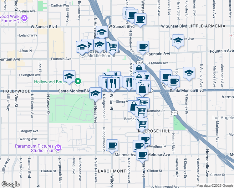 map of restaurants, bars, coffee shops, grocery stores, and more near 5630 Santa Monica Boulevard in Los Angeles