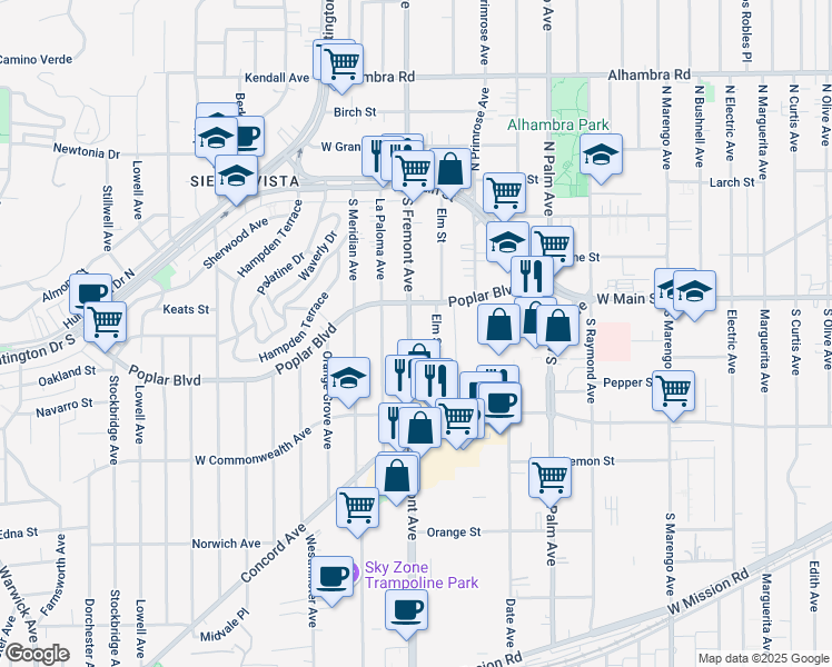 map of restaurants, bars, coffee shops, grocery stores, and more near 324 Fremont Avenue in Alhambra