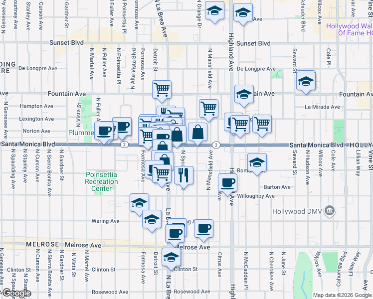 map of restaurants, bars, coffee shops, grocery stores, and more near 7026 Santa Monica Boulevard in Los Angeles