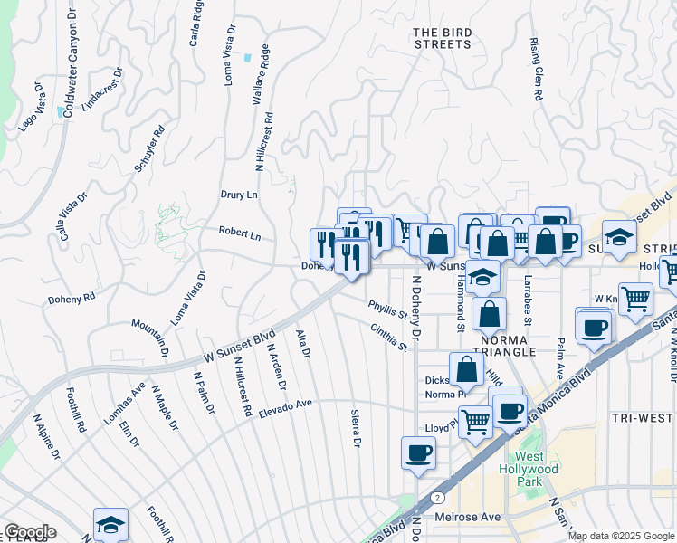 map of restaurants, bars, coffee shops, grocery stores, and more near 9229-9255 Doheny Road in West Hollywood