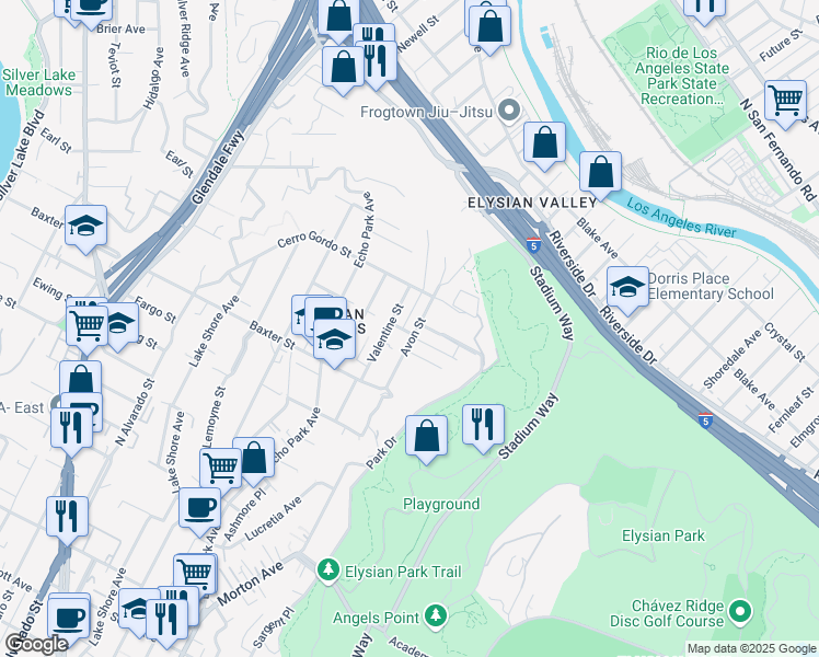 map of restaurants, bars, coffee shops, grocery stores, and more near 2201 Avon Street in Los Angeles