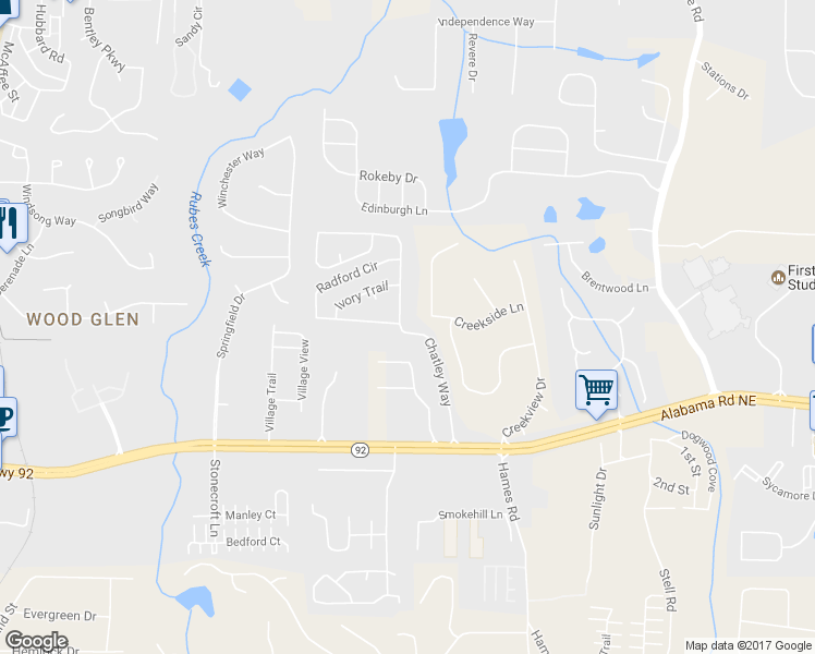 map of restaurants, bars, coffee shops, grocery stores, and more near 1350 Chatley Way in Woodstock