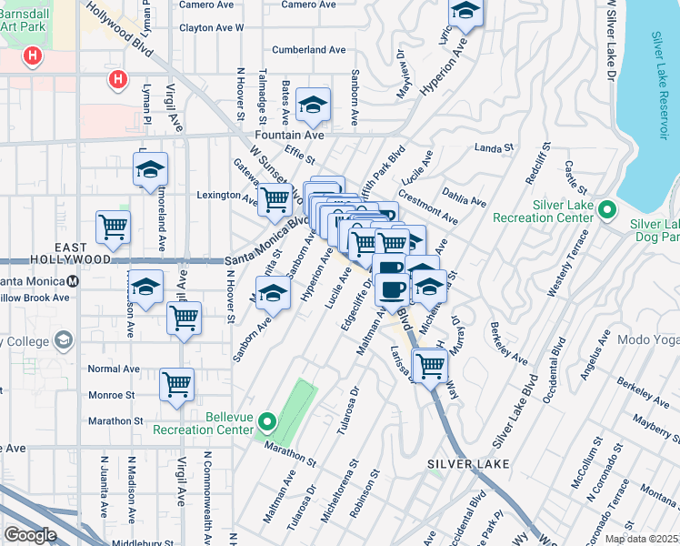 map of restaurants, bars, coffee shops, grocery stores, and more near 1437 Lucile Avenue in Los Angeles