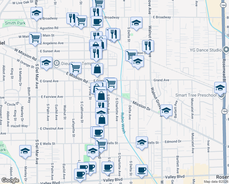 map of restaurants, bars, coffee shops, grocery stores, and more near 841 East Mission Road in San Gabriel