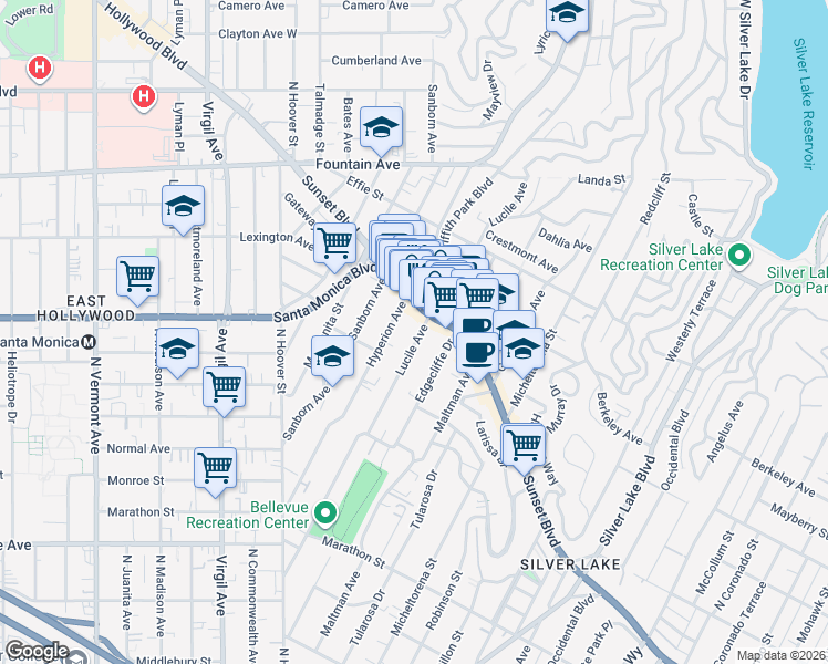 map of restaurants, bars, coffee shops, grocery stores, and more near in Los Angeles