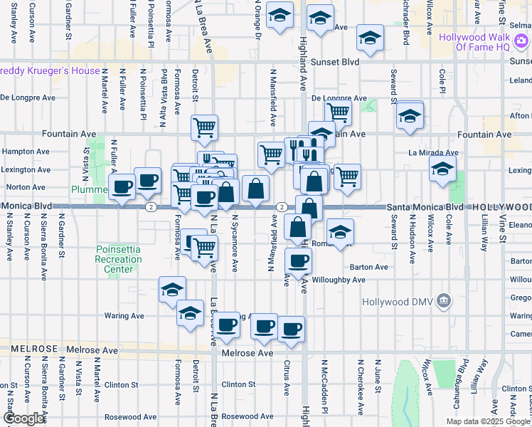 map of restaurants, bars, coffee shops, grocery stores, and more near 6914 California 2 in Los Angeles