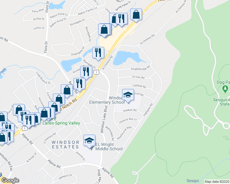 map of restaurants, bars, coffee shops, grocery stores, and more near 9825 Dunbarton Drive in Columbia