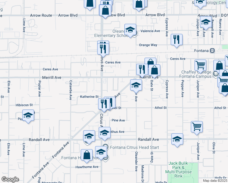 map of restaurants, bars, coffee shops, grocery stores, and more near 16171 Winterwood Lane in Fontana
