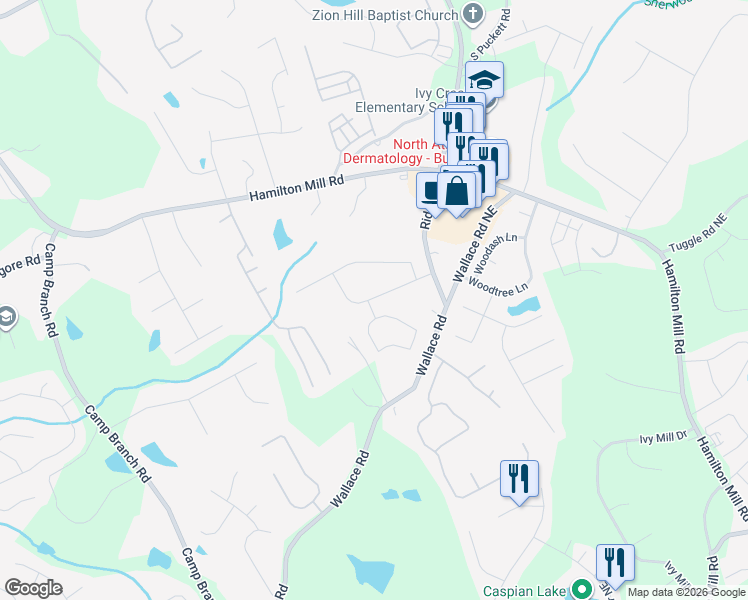 map of restaurants, bars, coffee shops, grocery stores, and more near 3085 Hampton Bay Cove Northeast in Buford
