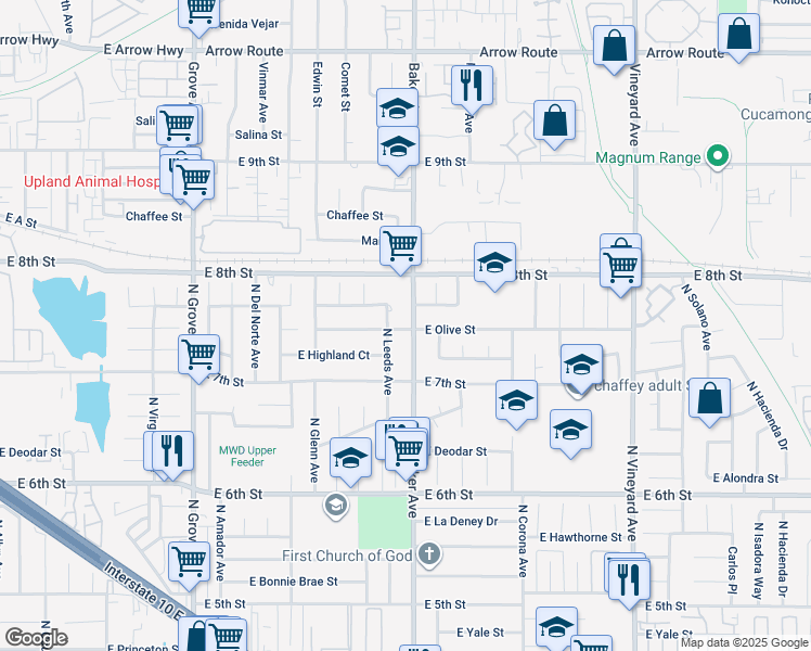 map of restaurants, bars, coffee shops, grocery stores, and more near 1571 East Olive Street in Ontario