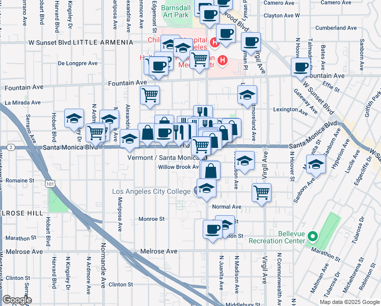 map of restaurants, bars, coffee shops, grocery stores, and more near 1033 North New Hampshire Avenue in Los Angeles