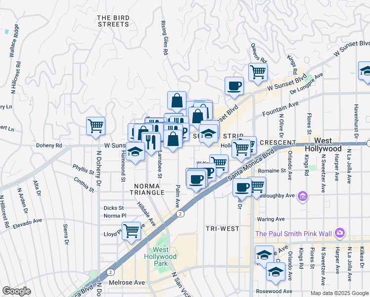 map of restaurants, bars, coffee shops, grocery stores, and more near in West Hollywood