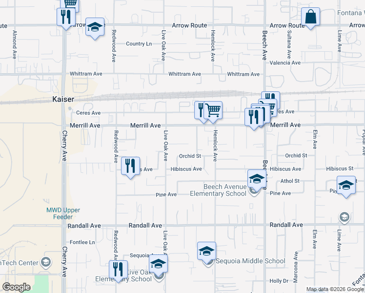 map of restaurants, bars, coffee shops, grocery stores, and more near 14965 Granada Avenue in Fontana
