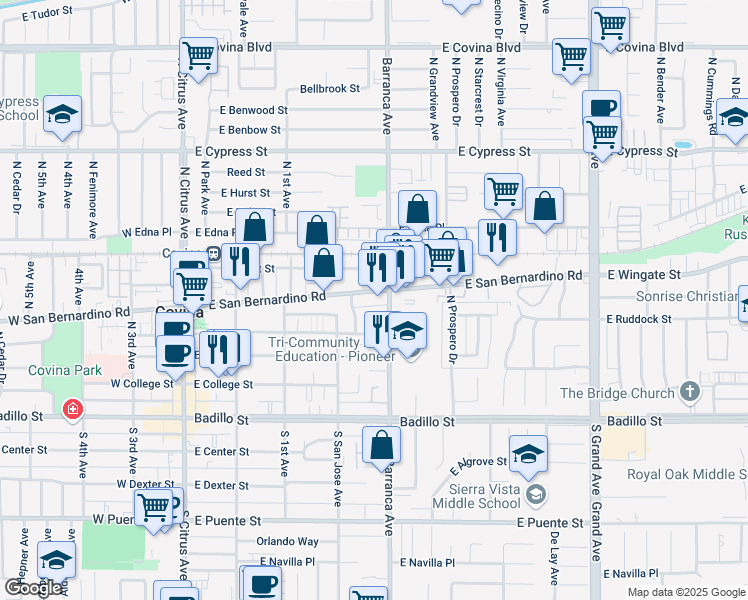 map of restaurants, bars, coffee shops, grocery stores, and more near 456 East San Bernardino Road in Covina
