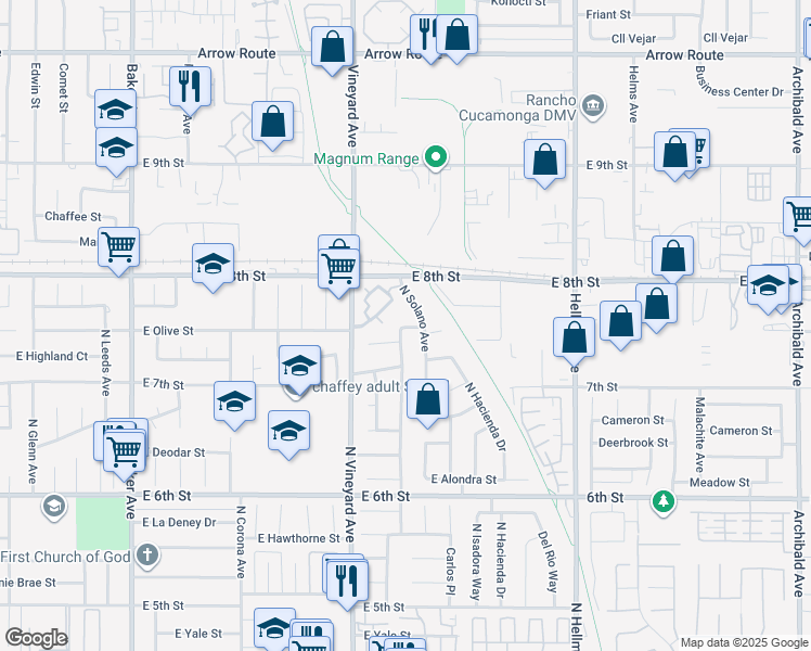 map of restaurants, bars, coffee shops, grocery stores, and more near 1953 North Barranca Avenue in Ontario