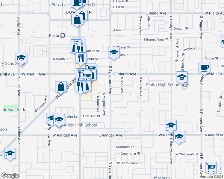 map of restaurants, bars, coffee shops, grocery stores, and more near 311 East Carter Street in Rialto