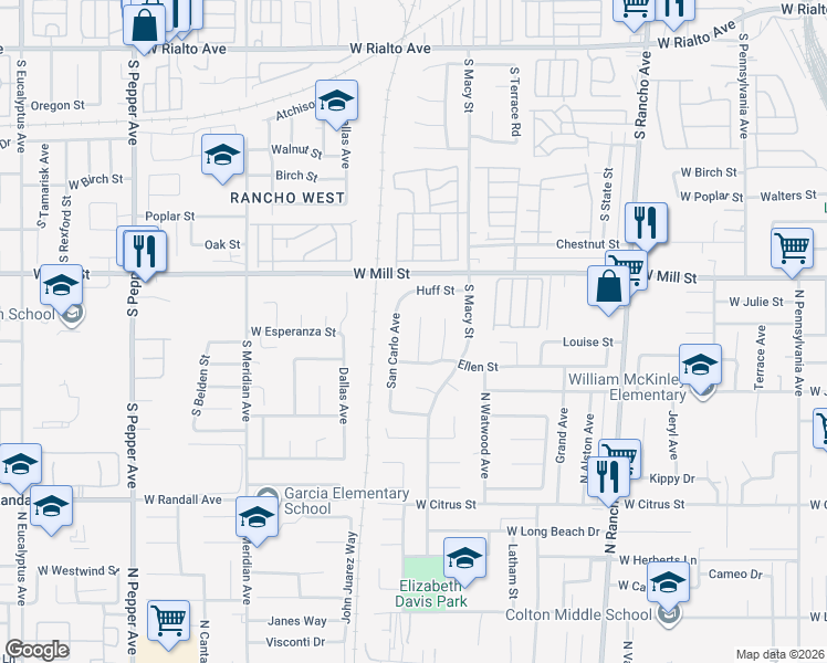 map of restaurants, bars, coffee shops, grocery stores, and more near 606 San Benito Ave in Colton