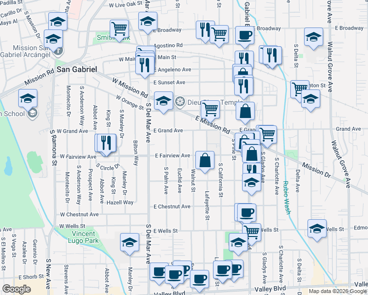 map of restaurants, bars, coffee shops, grocery stores, and more near 932 Euclid Avenue in San Gabriel