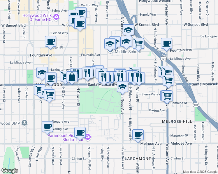 map of restaurants, bars, coffee shops, grocery stores, and more near in Los Angeles