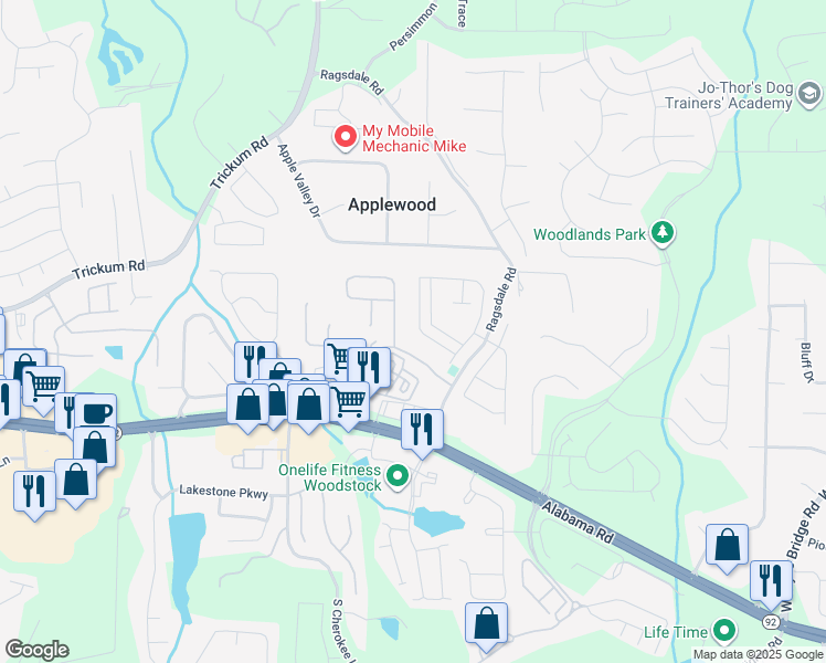 map of restaurants, bars, coffee shops, grocery stores, and more near 176 Cornerstone Circle in Woodstock