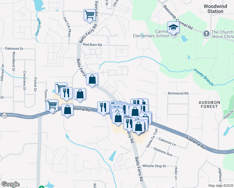 map of restaurants, bars, coffee shops, grocery stores, and more near 5742 Bells Ferry Road in Acworth