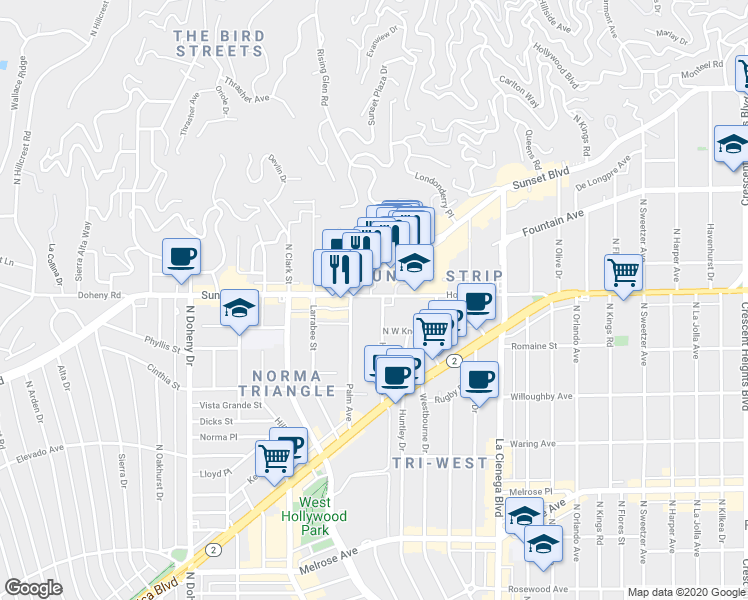 map of restaurants, bars, coffee shops, grocery stores, and more near 8738 Holloway Drive in West Hollywood