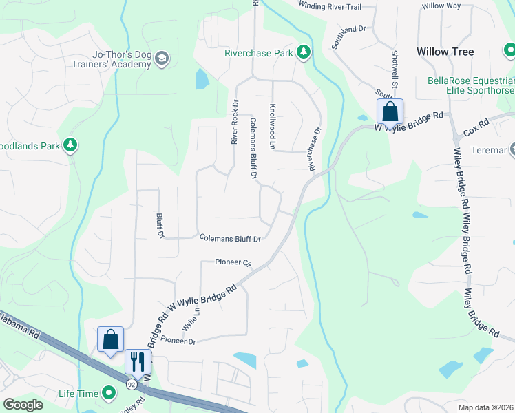map of restaurants, bars, coffee shops, grocery stores, and more near 408 Colemans Run in Woodstock
