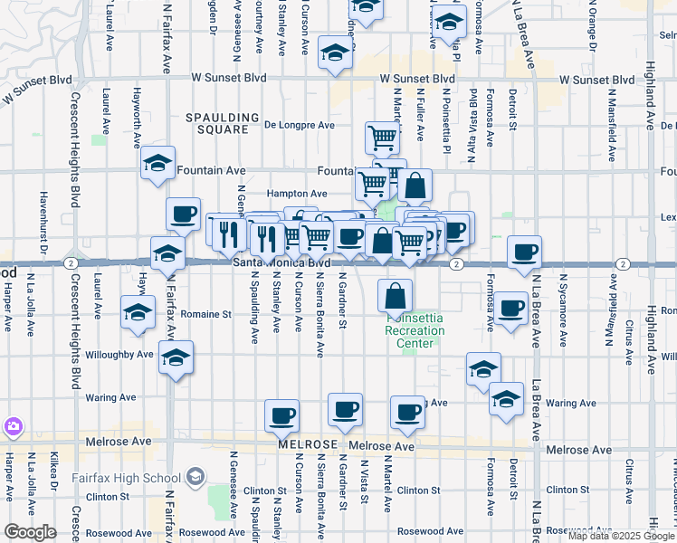 map of restaurants, bars, coffee shops, grocery stores, and more near 7504 Santa Monica Boulevard in West Hollywood