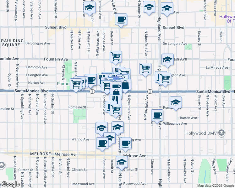 map of restaurants, bars, coffee shops, grocery stores, and more near None in West Hollywood