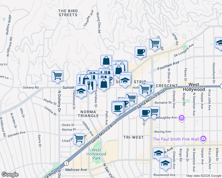 map of restaurants, bars, coffee shops, grocery stores, and more near 8752 Holloway Drive in West Hollywood