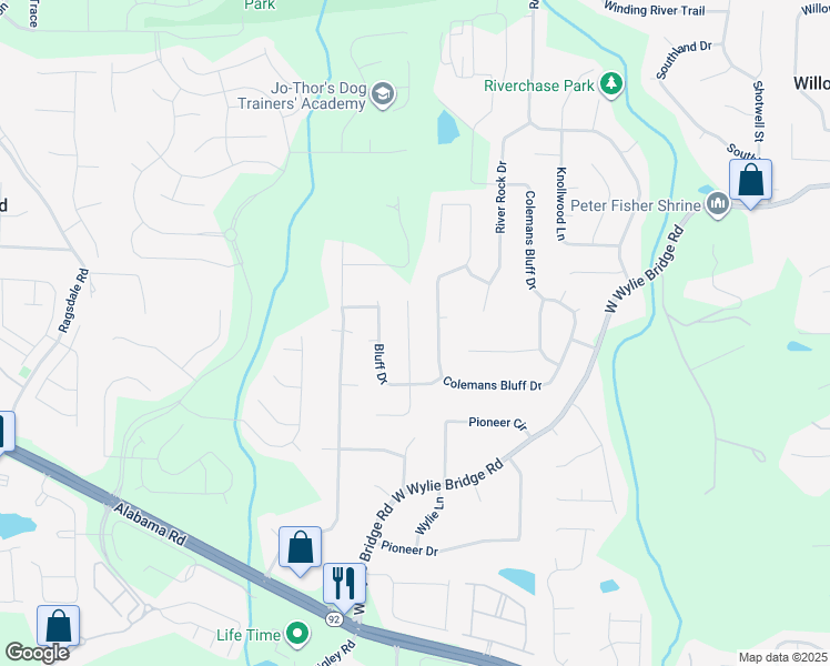 map of restaurants, bars, coffee shops, grocery stores, and more near 528 Bluff Court in Woodstock