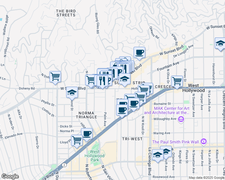 map of restaurants, bars, coffee shops, grocery stores, and more near 8701-8729 Holloway Drive in West Hollywood